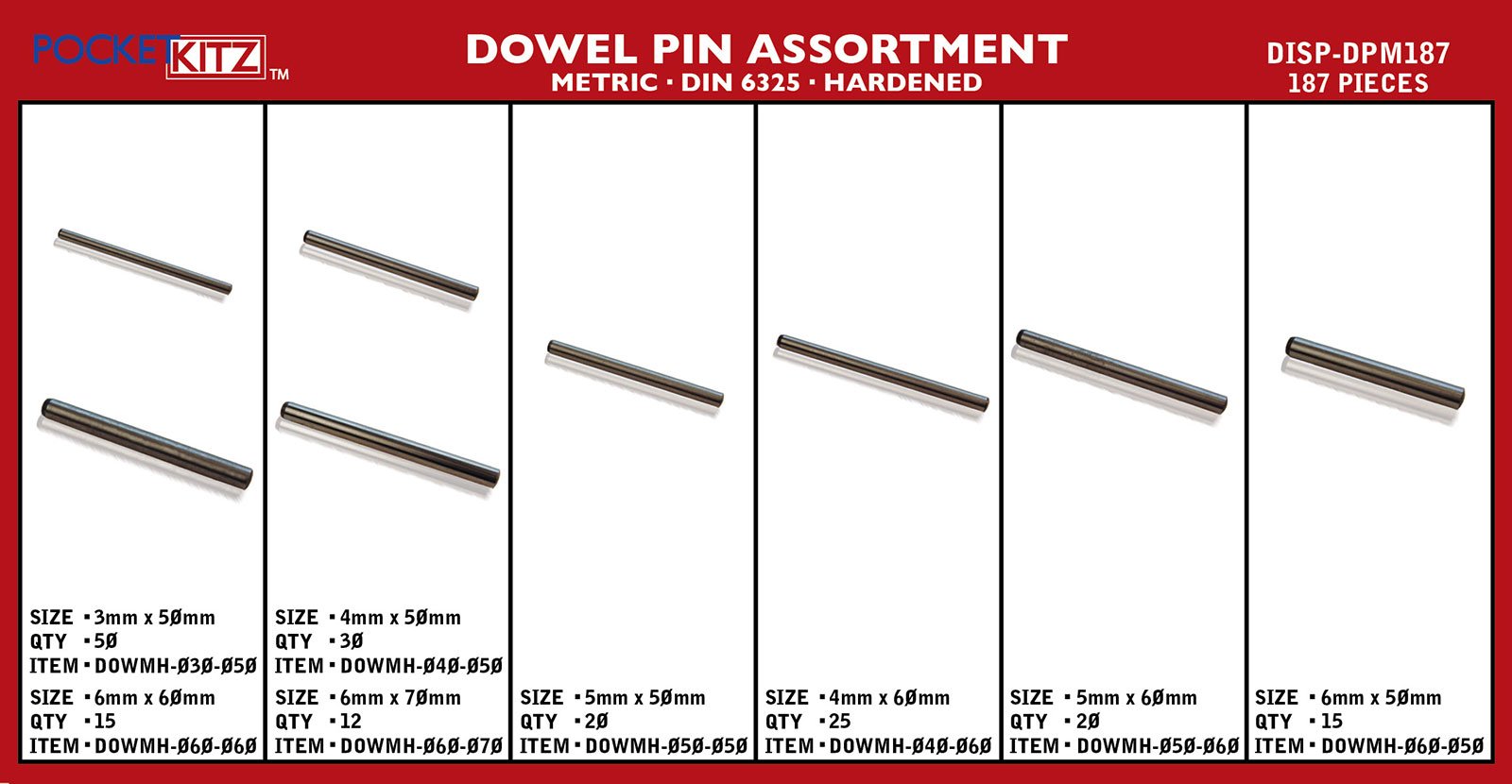 Dowel Pin Assortment Alloy Steel Plain Metric 187 Piece